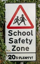 20's Plenty School Safety Zone road sign, Suffolk, England, UK