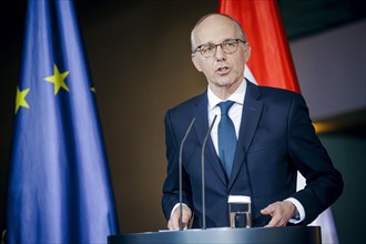 Luc Frieden, Prime Minister of the Grand Duchy of Luxembourg, recorded at a press conference after