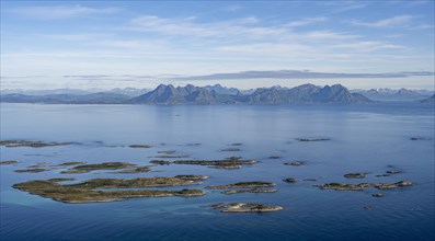 View of Vestfjorden with archipelago islands from Svellingsflaket and mountains, from