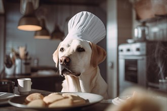 Dog with chef hat in kitchen. KI generiert, generiert AI generated
