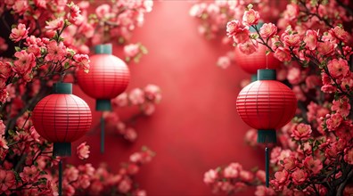 Vibrant Chinese red lanterns among pink flowering branches against bokeh background, AI generated