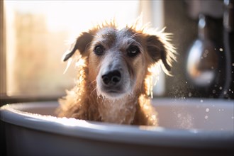 Dog taking a bath in bathtube. KI generiert, generiert AI generated