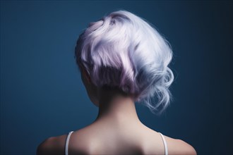 Back view of woman with short blue and purple hair. KI generiert, generiert AI generated
