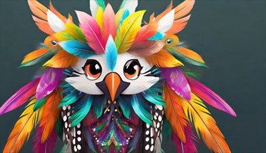 Funny colourful mask made of feathers, face of a bird, portrait, painting, digital art, AI