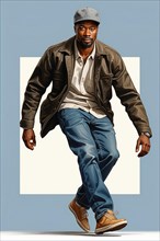 Portrait of american african 40s year old man cat walk pose wear jeans jacket and plain shirt ai