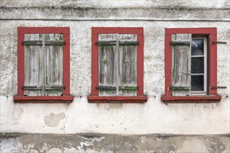 House facade with three windows, shutters, dilapidated, Southern Palatinate, Rhineland-Palatinate,