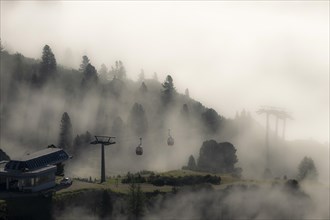 Cable car station in the fog, Corvara, Dolomites, Italy, Europe