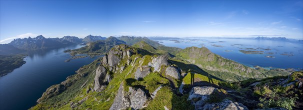 Panorama, view of Raftsund fjord and mountains, archipelago islands in the sea, view from the