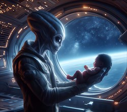 Science fiction, space travel, an extraterrestrial alien looks at a human baby in a UFO, a flying