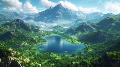 A vibrant valley with a reflective lake surrounded by forested mountains and cloudy skies, AI