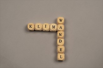 Cubes with letters form the word climate change, light background, top view, studio shot, Germany,