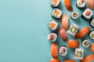 Top view of Japanese sushi on blue background. KI generiert, generiert AI generated