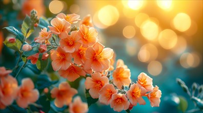 Vivid orange campsis summer jazz blossoms highlighted by warm light and a bokeh effect, AI