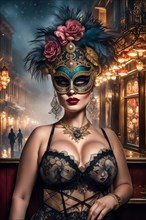 Sensual Woman in decorative mask and opulent attire set against a moody, baroque-inspired backdrop
