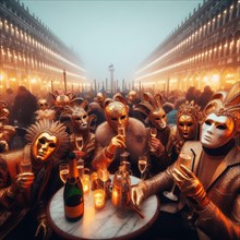 Lively masquerade party in Venice with golden tones and opulent costumes, people drink prosecco