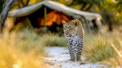 Leopard (Panthera pardus) in natural environment with tent camp for tourists in the background, AI