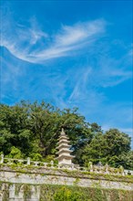 Low angle view of five story pagoda at Buddhist temple in Korea in Gimje-si, South Korea, Asia