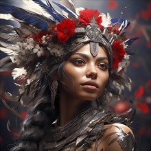 Portrait of an indigenous woman with elaborate feather jewellery in red, white and grey tones,