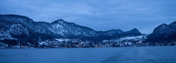 View over the Wolfgangsee, in the background St. Gilgen am Wolfgangsee, blue hour, panoramic shot,