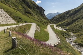 Gotthard Pass, view of the old pass road in Val Tremola, alpine mountain road with numerous hairpin