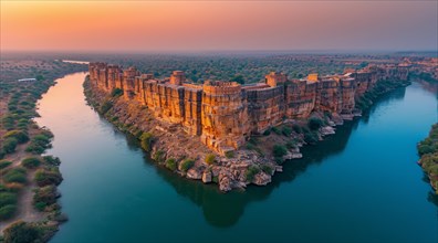 Sunset over Gandikota fort on the banks of the Penner river river with cliffs in Kadapa district,