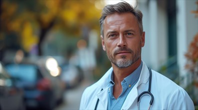 Confident male doctor with a stethoscope outdoors, looking directly at the camera, AI generated