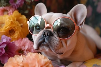French Bulldog dog with sunglasses with flowers. KI generiert, generiert AI generated