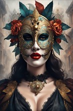 A mysterious and elegant masquerade mask with red lips and floral accents, venetian misty cityscape