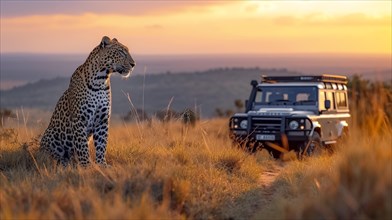 Leopard (Panthera pardus) in natural environment with Jeep, Landrover, AI generated