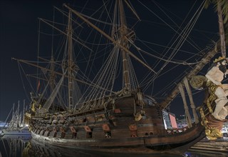 Spanish ship of the line from the 1680s, reconstructed for a film, in the old harbour of Genoa,