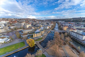 Panoramic view over a city with river and surrounding buildings in daylight, Pforzheim, Germany,