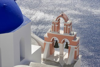 Santorini, Oia, blue domes, churches Agios Spyridon Agios Anastasis from above, Cyclades, Greece,