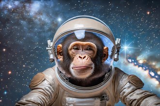 Science fiction, space travel, a chimpanzee in a spacesuit floating in space in front of a starry