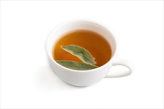 Cup of green herbal tea isolated on white background. Side view, close up