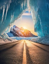 Straight asphalt road leads out of a glacier cave with huge ice crystal cliffs. Beautiful natural