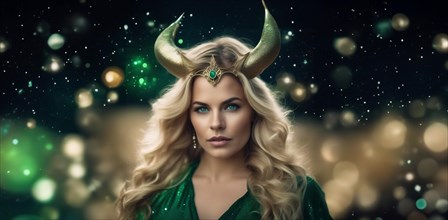 Young Taurus woman with blond hair and green eyes against the background of the starry sky