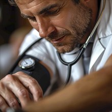 A man checks his blood pressure with a measuring device. Avoidance of bulk hypertension, scarcity,
