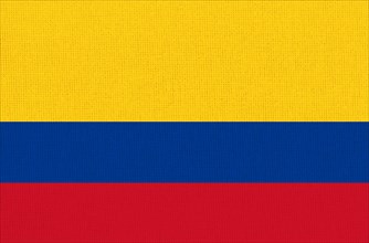 Close-up of a textured flag with horizontal yellow, blue, and red stripes, Flag of Colombia.