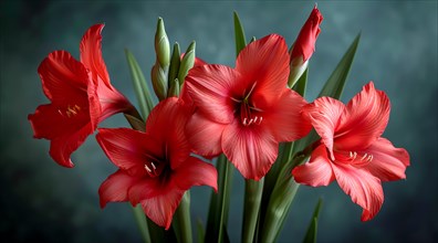Vibrant red Butterfly sword lily, Gladiolus papilio blooms with green stems against a nuanced