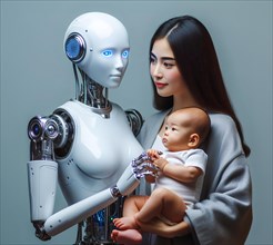 Science fiction, technology, a female humanoid robot and a human woman have a human baby in their