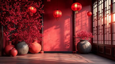 Traditional Chinese setting with red lanterns, blossoming branches, and vases, AI generated