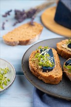 Bread sandwiches with blue lavender cheese and mustard microgreen on blue wooden background and