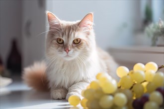 Cat in kitchen with grapes. KI generiert, generiert AI generated