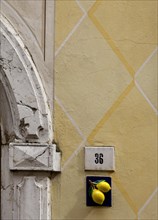 House number with lemon decoration, Limone sul Garda, Lake Garda, Province of Brescia, Lombardy,