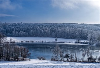 Frozen retention basin in Spindelwag, Rot an der Rot, Baden-Wuerttemberg, Germany, Europe