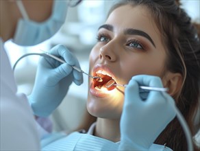 A patient is treated in a dental practice by a dentist, AI generated