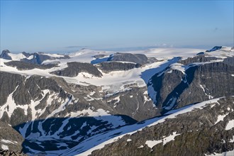 Mountain peak with Jostedalsbreen glacier, view from the summit of Skala, Loen, Norway, Europe
