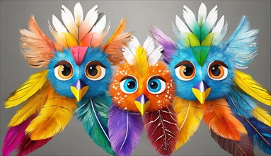 Funny colourful masks made of feathers, faces of three birds, portrait, painting, digital art, AI