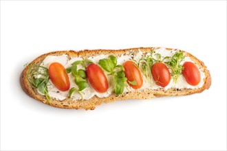 Long white bread sandwich with cream cheese, tomatoes and microgreen isolated on white background.