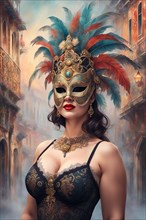 Portrait vibrant curvy woman wear carnival mask, antique lace costume in misty venetian cityscape